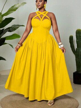 Yellow Womens Plus Size Elegant Sexy Spaghetti Strap Sleeveless Flowy maxi Dress